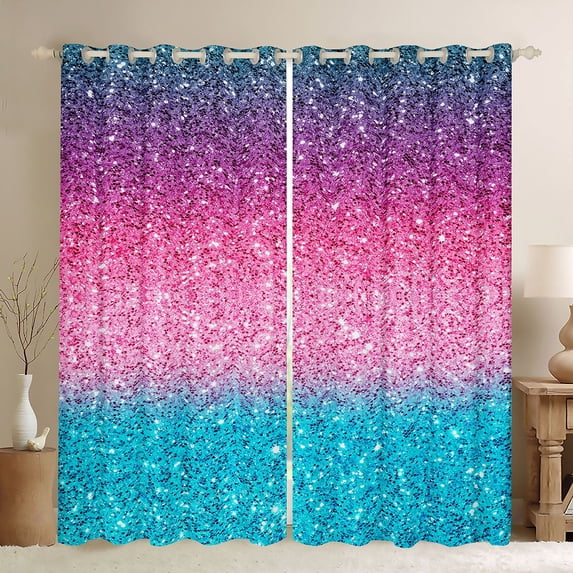 Homewish Glitter Stars Blackout Curtains Set of 2 (52x84 Each) for Girls, Rainbow Galaxy Curtain, Purple Pink Cyan