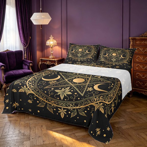 Homewish Glitter Stars Moon Bed Sheets, Flower Print Full Size Sheets, Gold Black, 4-Piece, 1 Flat Sheet, 1 Fitted Sheet and 2 Pillowcases