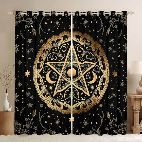 Homewish Glitter Stars Moon Kitchen Curtains, Leaves Print Black Out Curtains Pack of 2 (42x63 Each), Gold Black