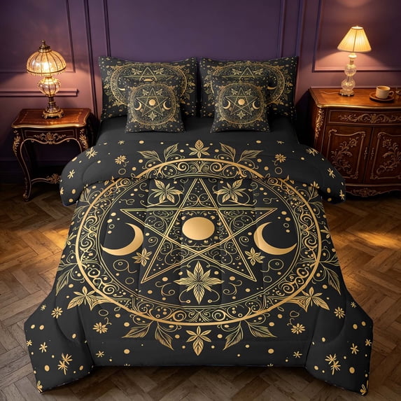 Homewish Glitter Stars Moon Twin Bedding, Flower Print Bedding Comforter Set, Gold Black, Black Reversible 7 Pieces