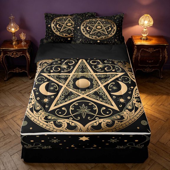 Homewish Glitter Stars Moon Zipper Twin Comforter Sets with Fitted Sheet and 2 Pillowcases, Leaves Print Zipper Bedding Set, Gold Black, Black Reversible