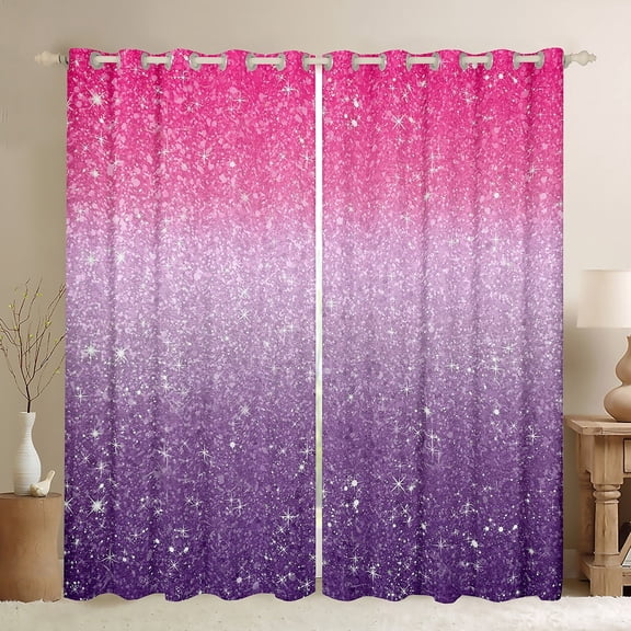Homewish Glitter Stars Print Curtains Pack of 2 (42x84 Each), Pink Purple Sequin Print Curtains Blackout, Dreamy Galaxy Rainbow Bedroom Curtains, Blackout Curtains Room Decor