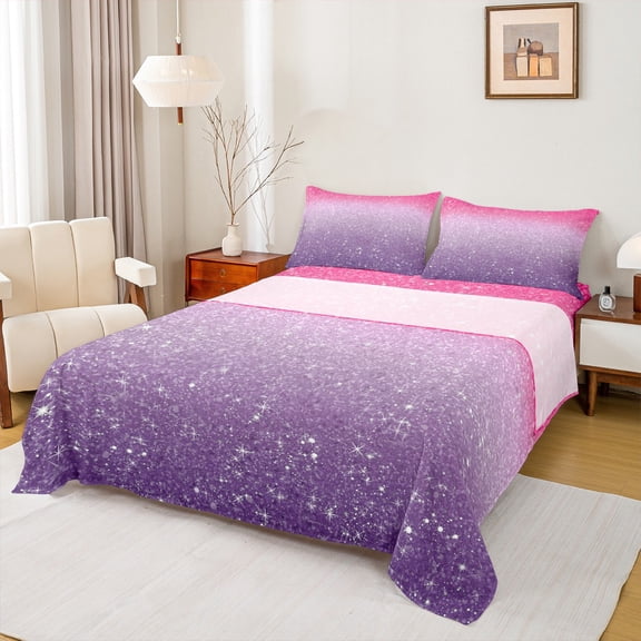 Homewish Glitter Stars Print Twin Sheet Sets, Pink Purple Sequin Print Twin Fitted Sheet, Dreamy Galaxy Rainbow Flat Sheet, Lightweight Room Decor, 3-Piece