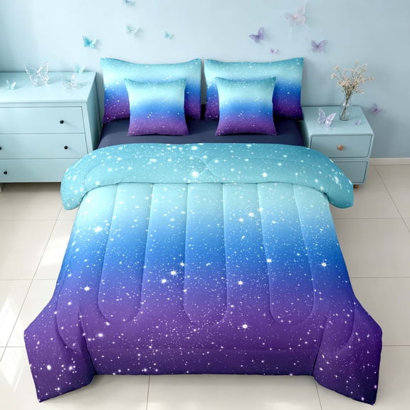 Homewish Glitter Stars Twin Bedding for Girls, Rainbow Galaxy Bedding Comforter Set, Blue Purple, Navy Reversible, 7-Piece