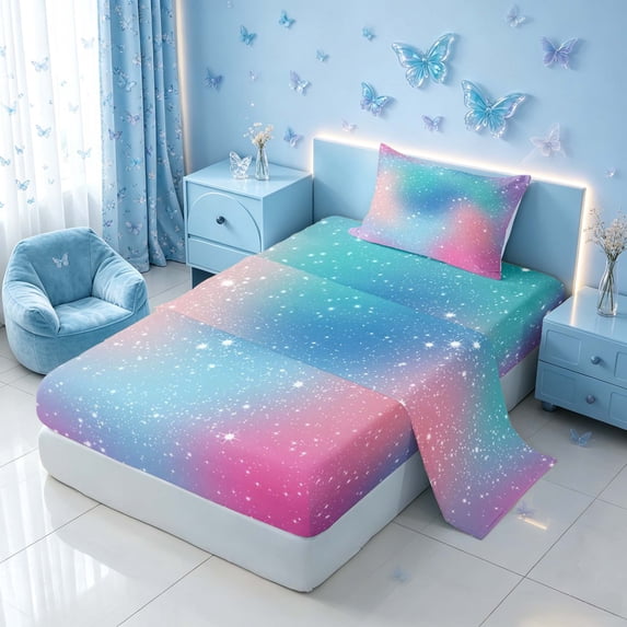 Homewish Glitter Stars Twin Sheets for Girls, Rainbow Galaxy Bedding, Blue Pink, 3-Piece (1 Flat Sheet, 1 Fitted Sheet and 1 Pillowcase)