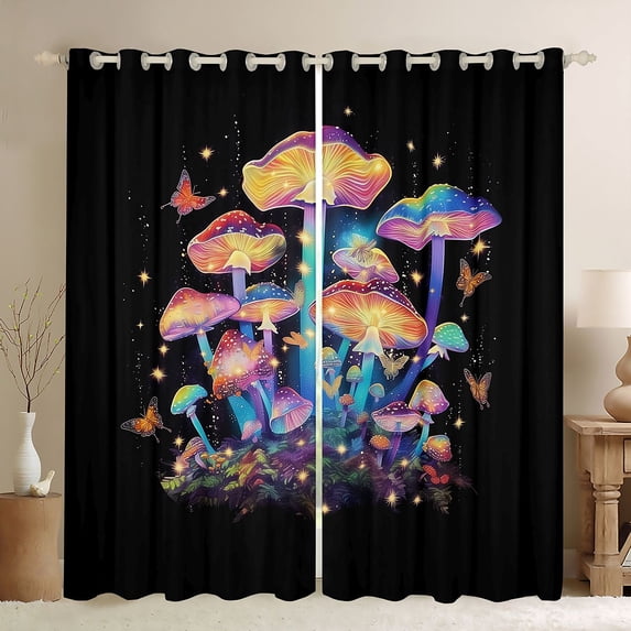 Homewish Glowing Botanical Mushrooms Kitchen Curtains,Stars Butterfly Black Out Curtains Pack of 2 (42x63 Each),Black Purple