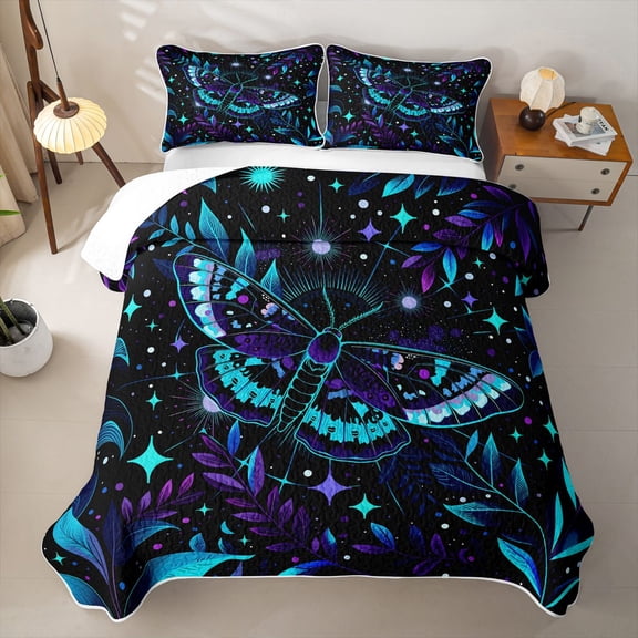 Homewish Glowing Butterfly Bed Spread Queen, Psychedelic Cosmos Stars Queen Coverlet Set, Black Purple Cyan, 3pcs 1 Quilt and 2 Pillowcases