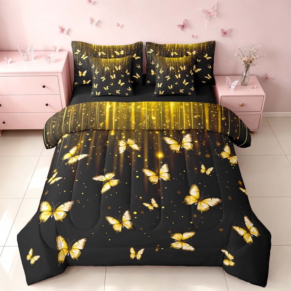 Homewish Glowing Butterfly Full Size Bedding Sets for Girls, Black Gold Full Size Bed in a Bag, Black Reversible, 7 Pieces