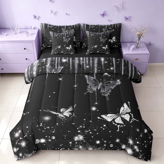 Homewish Glowing Butterfly Full Size Bedding Sets for Girls, Black White Full Size Bed in a Bag, Black Reversible, 7 Pieces