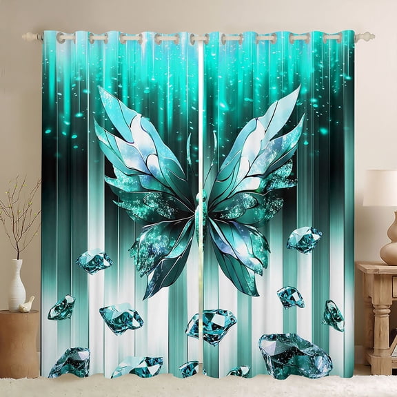 Homewish Glowing Butterfly Kitchen Curtains for Girls, Bling Stars Diamonds Black Out Curtains Pack of 2 (42x63 Each), Cyan White