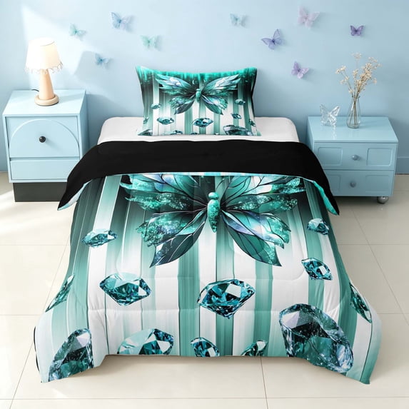 Homewish Glowing Butterfly Twin Comforter Sets for Girls, Bling Stars Diamonds Bedding Set, Cyan White, Black Reversible, 2pcs 1 Comforter and 1 Pillowcase
