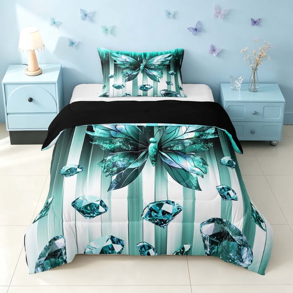 Homewish Glowing Butterfly Twin Comforter Sets for Girls, Bling Stars Diamonds Bedding Set, Cyan White, Black Reversible, 2pcs 1 Comforter and 1 Pillowcase