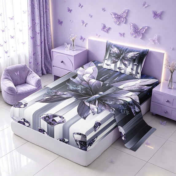 Homewish Glowing Butterfly Twin Sheets for Girls, Bling Stars Diamonds Bedding, Blue White, 3-Piece (1 Flat Sheet, 1 Fitted Sheet and 1 Pillowcase)