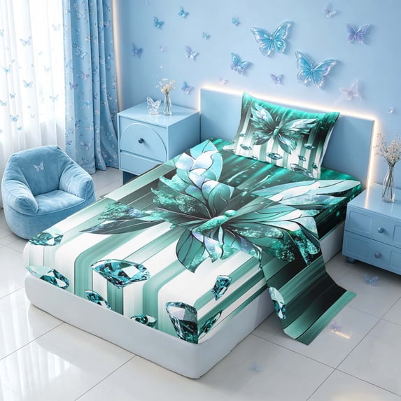 Homewish Glowing Butterfly Twin Sheets for Girls, Bling Stars Diamonds Bedding, Cyan White, 3pcs (1 Flat Sheet, 1 Fitted Sheet and 1 Pillowcase)