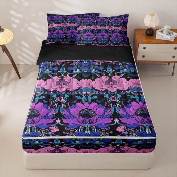 Homewish Glowing Floral Zipper Full Size Comforter Sets with Fitted Sheet and 2 Pillowcases,Retro Blossom Flowers Zipper Bedding Set For Girls,Blue Pink Purple,Reversible,4-Piece