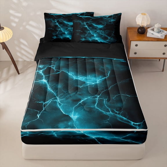 Homewish Glowing Lightning Zipper Queen Comforter Set with Fitted Sheet and 2 Pillowcases,Contemporary Aesthetic Zipper Bedding Set,Black Reversible,4pcs