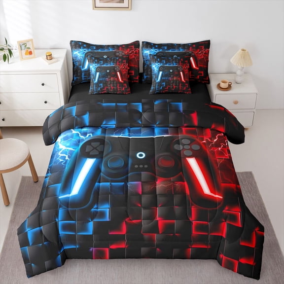 Homewish Glowing Neon Gaming Controller 7-Piece Twin Bedding,Game Pad Theme Bedding Comforter Set,Blue Red,Black Reversible