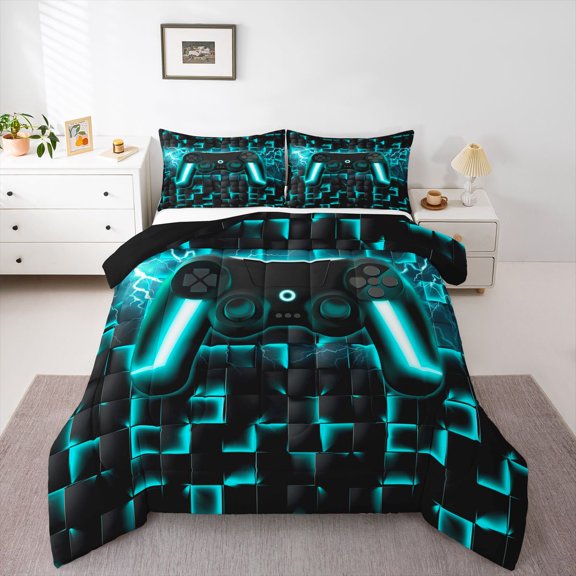 Homewish Glowing Neon Gaming Controller Queen Comforter Set,Game Pad Theme Comforter Sets Queen,Black Teal,Black Reversible,3 Pieces,1 Comforter and 2 Pillowcases