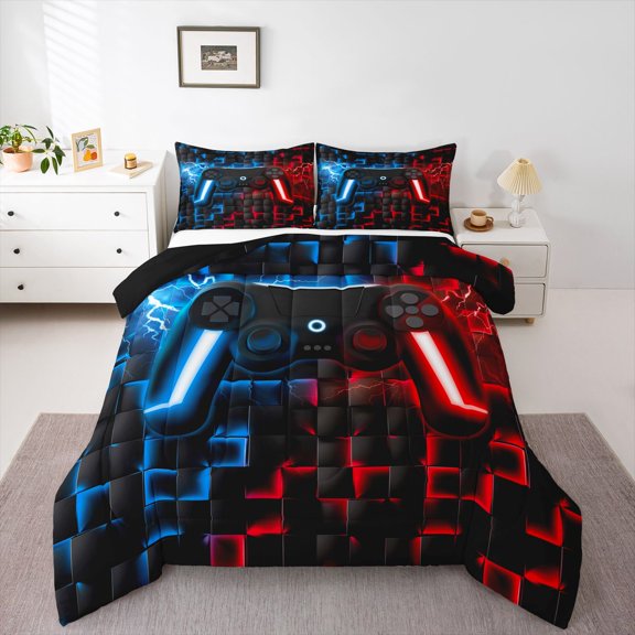 Homewish Glowing Neon Gaming Controller Queen Comforter Set,Game Pad Theme Comforter Sets Queen,Blue Red,Black Reversible,3pcs,1 Comforter and 2 Pillowcases
