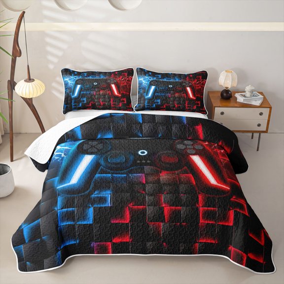 Homewish Glowing Neon Gaming Controller Twin Quilt Set,Game Pad Theme Twin Coverlet Set,Blue Red,2-Piece