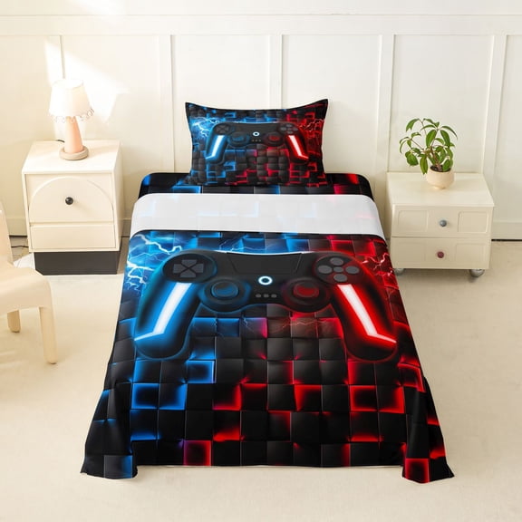Homewish Glowing Neon Gaming Controller Twin Sheets,Game Pad Theme Bedding,Blue Red,3-Piece,1 Fitted Sheet and 1 Pillowcase