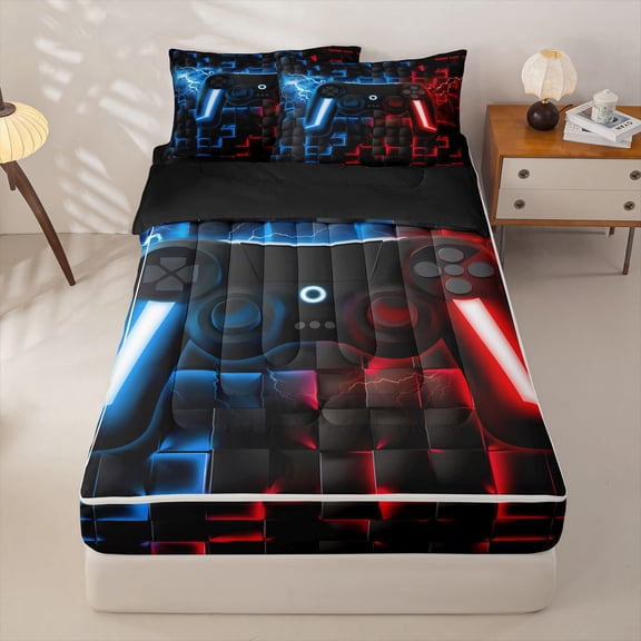 Homewish Glowing Neon Gaming Controller Zipper Twin Comforter Sets with Fitted Sheet and 2 Pillowcases,Game Pad Theme Zipper Bedding Set,Blue Red,Black Reversible,4pcs