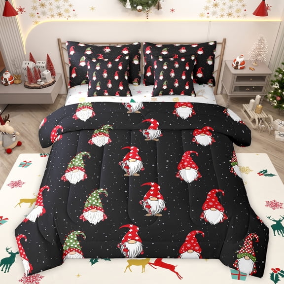 Homewish Gnome Santa Claus Bedding Comforter Set 7pcs for Kid, Dreamy Winter Snow King Bedding Sets, Merry Christmas Reversible Bed Sheets, Black Luxury Bedroom Decor