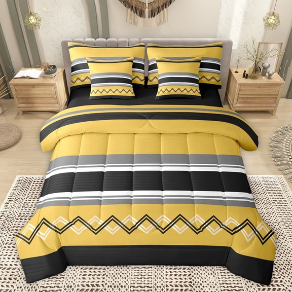 Homewish Gold Black Abstract Bedding Comforter Set 7pcs, Chic Stripes Ombre King Bedding Sets, Teens Child Adult Women Reversible Bed Sheets, Super Cozy Room Decor