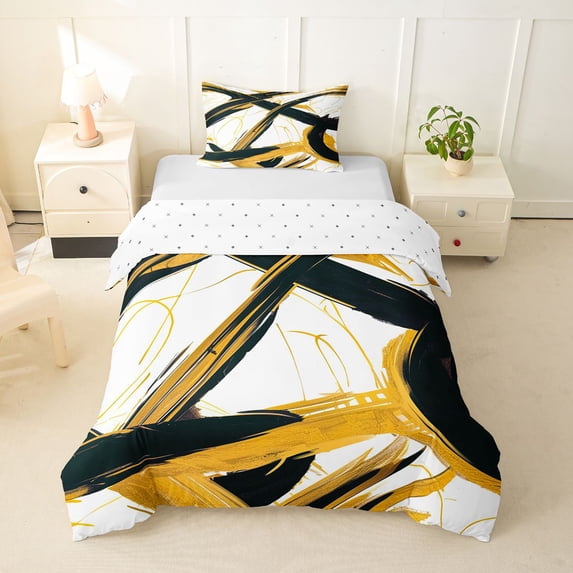 Homewish Gold Black Circle Twin Duvet Cover,Aesthetic Geometric Twin Bedding,Reversible,2 Pieces,1 Duvet Cover and 1 Pillowcase