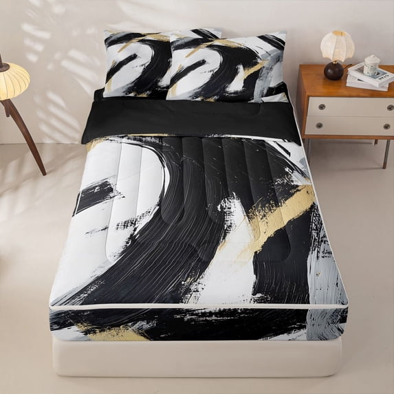 Homewish Gold Black Gradient Zipper Full Size Comforter Sets with Fitted Sheet and 2 Pillowcases,Modern Artwork Zipper Bedding Set,Black Reversible,4pcs