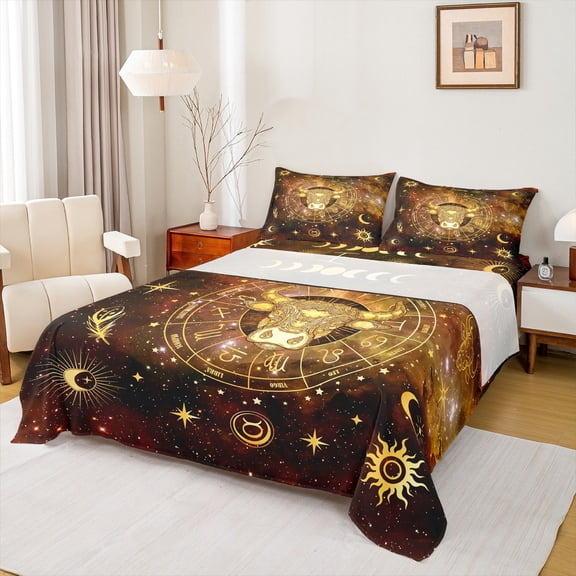 Homewish Gold Bull Skull Bed Sheets,Rustic Boho Bohemain King Sheets,Galaxy Starry Night Sheet Set For Kids,Breathable Home Decor,4pcs