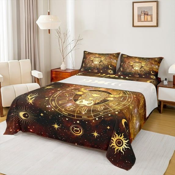 Homewish Gold Bull Skull Full Size Sheets,Rustic Boho Bohemain Bed Sheets,Galaxy Starry Night Sheet Sets For Kids,Breathable Home Decor,4-Piece