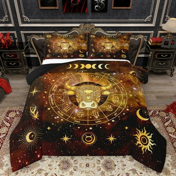 Homewish Gold Bull Skull Queen Comforter Set,Rustic Boho Bohemain Bedding Sets,Galaxy Starry Night Bedding Comforter Set For Kids,Breathable Home Decor Reversible,3 Pieces