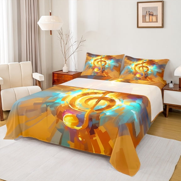 Homewish Gold Cartoon Melody Queen Sheet Sets for Kids, Watercolor Artwork Flat Sheet, Music Theme Queen Fitted Sheet, Super Cozy Room Decor, 4-Piece