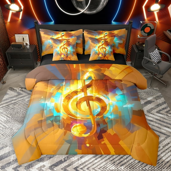 Homewish Gold Cartoon Melody Twin Bedding Sets 7-Piece for Kids, Watercolor Artwork Bedding Comforter Set, Music Theme Reversible Sheet Sets, Super Cozy Room Decor