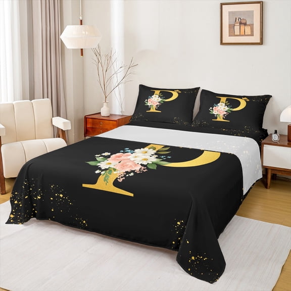 Homewish Gold Cartoon Monogrammed Bed Sheets for Female, Initial P Letter King Sheets, Groovy Rose Flower Sheet Set, Breathable Home Decor, 4 Pieces
