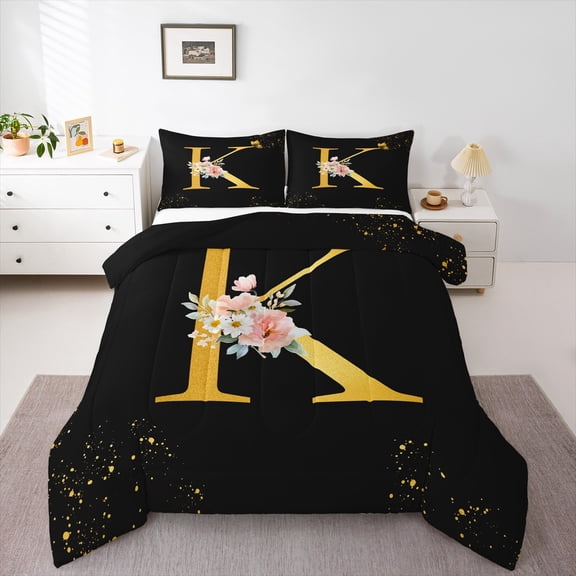 Homewish Gold Cartoon Monogrammed Bedding Comforter Set for Female, Initial K Letter Twin Comforter Sets, Groovy Rose Flower Reversible Bedding Set, Ultra Soft Bedroom Decor, 2 Pieces