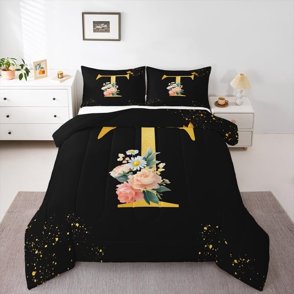 Homewish Gold Cartoon Monogrammed Bedding Comforter Set for Female, Initial T Letter Twin Comforter Sets, Groovy Rose Flower Reversible Bedding Set, Luxury Bedroom Decor, 2 Pieces