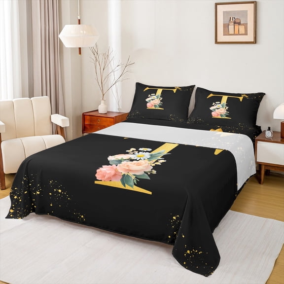 Homewish Gold Cartoon Monogrammed Twin Sheet Sets for Female, Initial T Letter Twin Fitted Sheet, Groovy Rose Flower Flat Sheet, Luxury Bedroom Decor, 3 Pieces