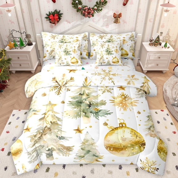 Homewish Gold Christmas Ball 7-Piece Twin Bedding Sets,Chiv Xmas Tree Bedding Comforter Set,Happy New Year Sheet Sets For Teens,Microfiber Bedroom Decor Reversible