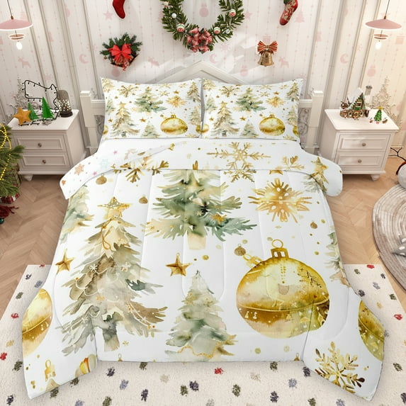 Homewish Gold Christmas Ball Full Size Comforter Sets,Chiv Xmas Tree Bedding Comforter Set,Happy New Year Bedding Sets For Teens,Microfiber Bedroom Decor Reversible,3pcs