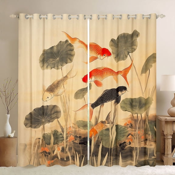 Homewish Gold Fish Black Out Curtains,Lotus Leaves Curtains Pack of 2 (42x63 Each),Brown Green Bedroom Curtains For Kids,Breathable Home Decor