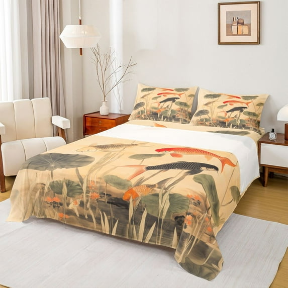 Homewish Gold Fish Full Size Sheets,Lotus Leaves Bed Sheets,Brown Green Sheet Sets For Kids,Breathable Home Decor,4pcs