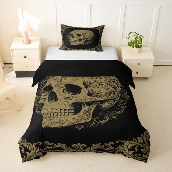 Homewish Gold Gothic Skull Twin Duvet Cover for Kids, Old Fashion Boho Flower Twin Bedding, Black Reversible, 2-Piece, 1 Duvet Cover and 1 Pillowcase