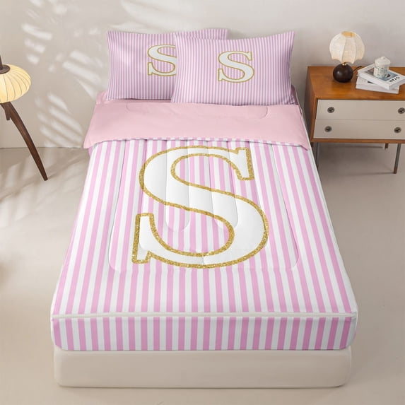 Homewish Gold Initial Letter S Zipper Full Size Comforter Sets with Fitted Sheet and 2 Pillowcases for Kids, Pink Stripes Zipper Bedding Set, Pink Reversible, 4pcs