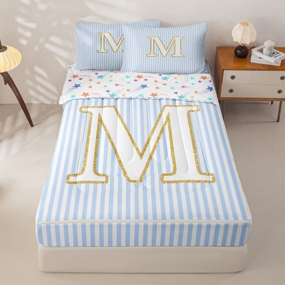 Homewish Gold M Letter Zipper Twin Comforter Sets with Fitted Sheet and 2 Pillowcases for Girl, Abstract Lines Zipper Bedding Set, Stars Reversible, 4 Pieces