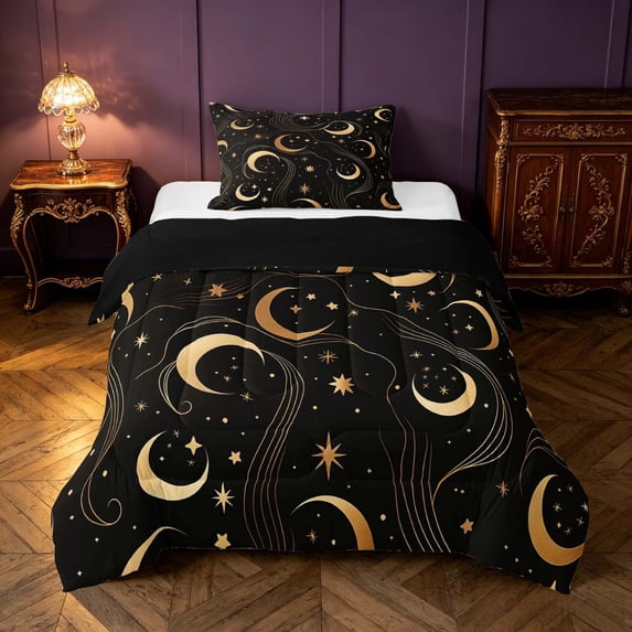 Homewish Gold Moon Twin Comforter Sets, Starry Sky Bedding Set, Black, Black Reversible 2 Piece, 1 Comforter and 1 Pillowcase
