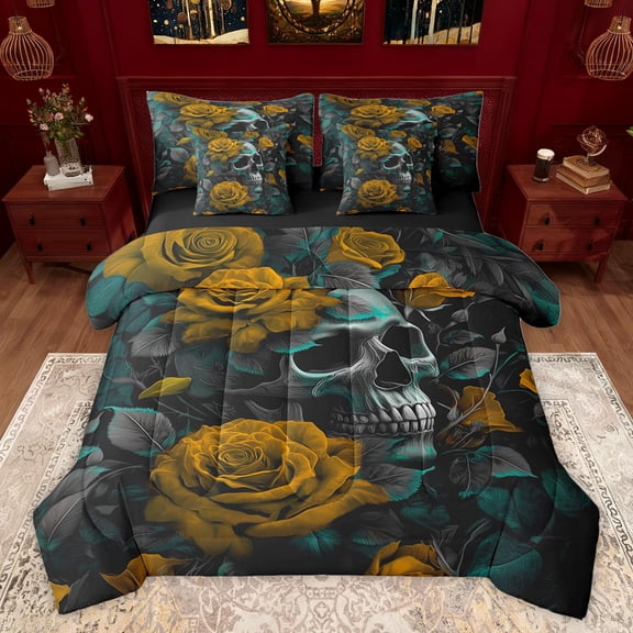Homewish Gold Rose Floral Comforter Set, Romantic Gothic Skull Full Bedding Set, 7pcs