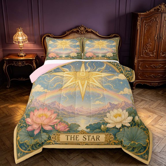 Homewish Gold Star Rainbow Queen Comforter Set, Chic Lotus Comforter Sets Queen, Pink Reversible 3pcs, 1 Comforter and 2 Pillowcases