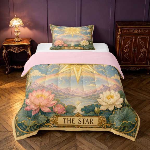 Homewish Gold Star Rainbow Twin Comforter Sets, Chic Lotus Bedding Set, Pink Reversible 2 Piece, 1 Comforter and 1 Pillowcase